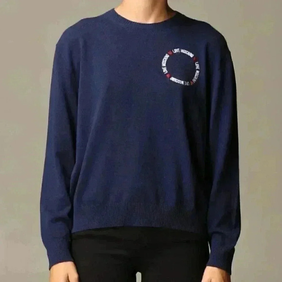 NWT Love Moschino Cashmere Blend Basic Logo Embroidered Crew Neck Sweater - Picture 1 of 9